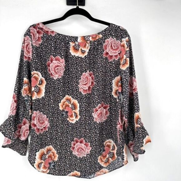 Loft Women’s Floral Career Pullover Blouse Medium Flowy Tulip Sleeve Black Pink - Picture 2 of 14